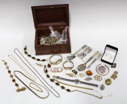 Jewellery box containing a quantity of vintage and later costume jewellery and wrist watches, silver