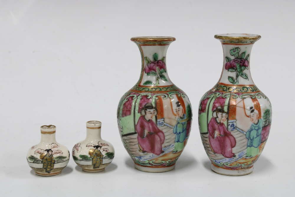 Pair of Canton enamel famille rose miniature vases, 8cm, a pair of miniature Satsuma type vases - Image 2 of 4