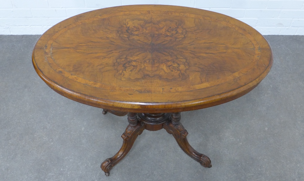 Victorian walnut centre table, quarter veneered oval top table, raised on quadruple turned - Image 2 of 3