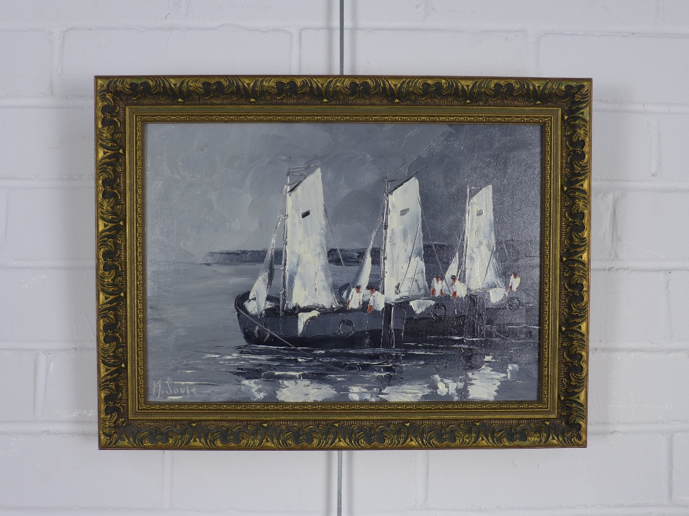 Untitled oil on canvas of moored boats, signed indistinctly, in a moulded gilt frame, 34 x 24cm - Image 2 of 3