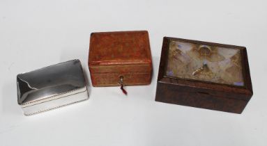 Butterfly wing box, Epns on copper box and a small red leather jewellery box, largest 18 x 13cm (3)