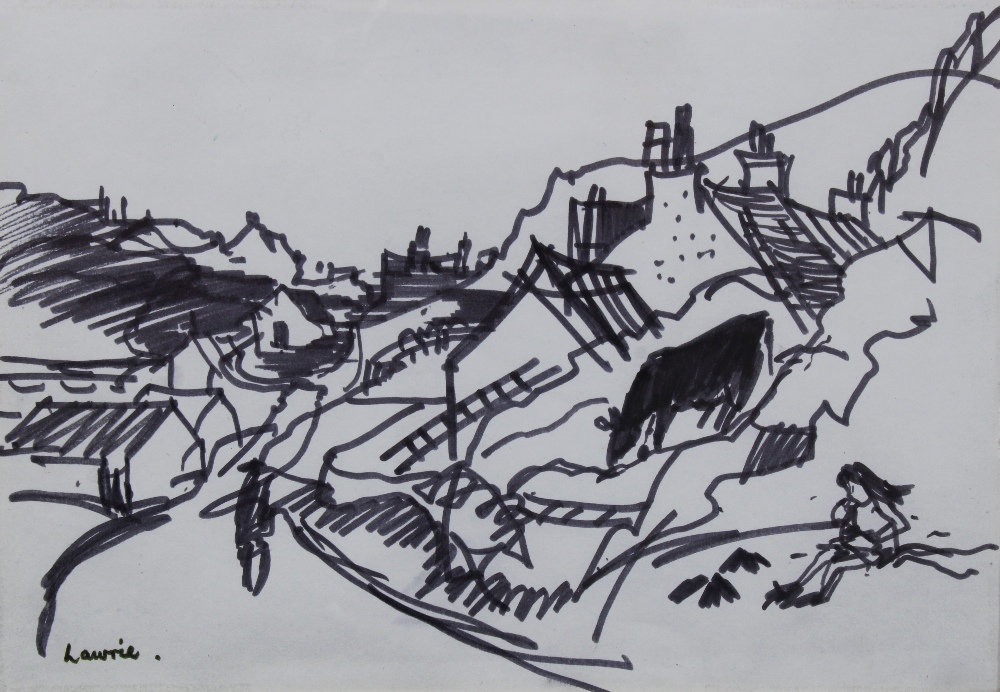 HAMISH LAWRIE (SCOTTISH 1919-1987) SCALPAY, HARRIS, pen drawing, signed lower left, framed under