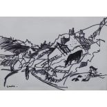 HAMISH LAWRIE (SCOTTISH 1919-1987) SCALPAY, HARRIS, pen drawing, signed lower left, framed under