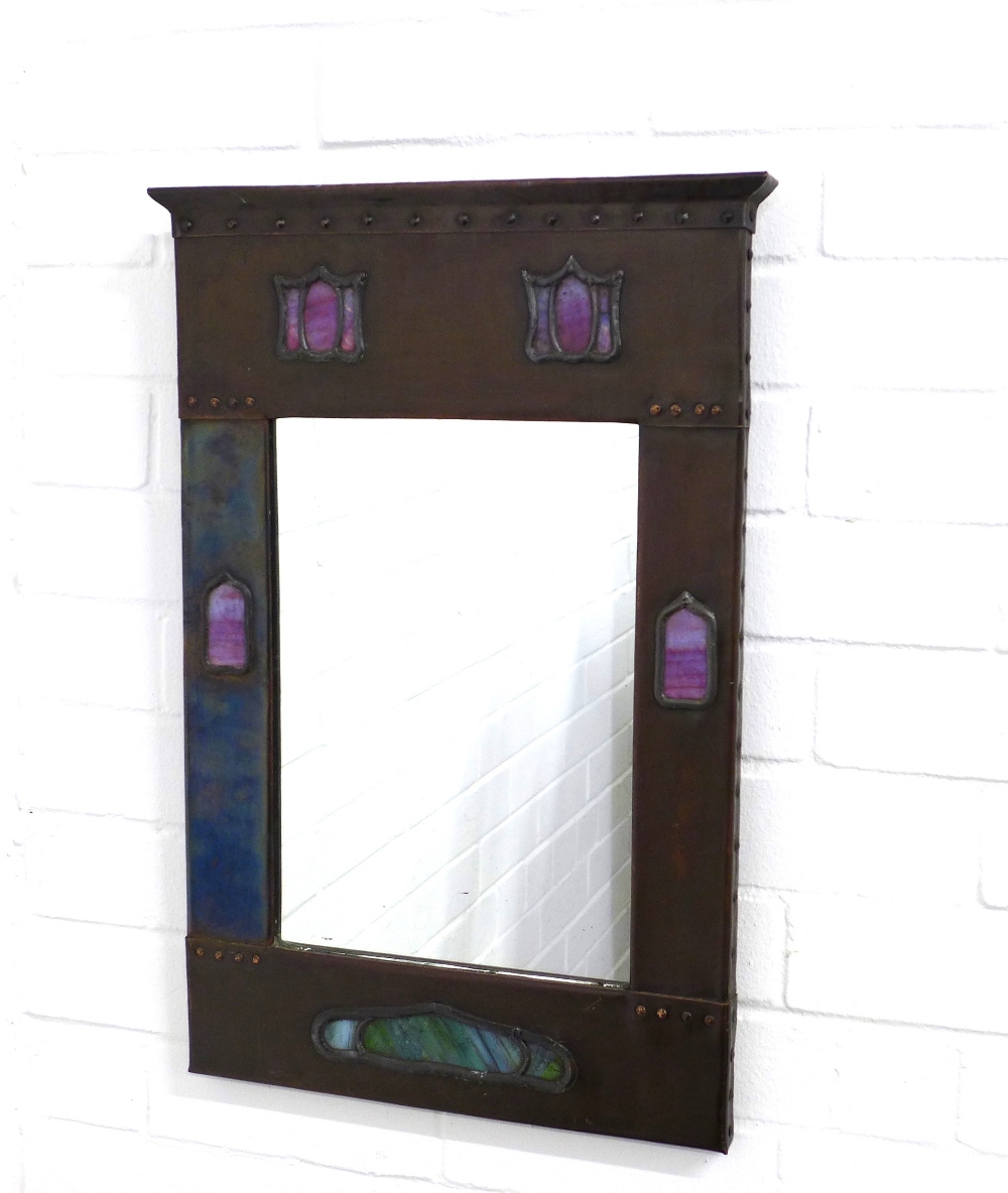 Mackintosh style copper panelled wall mirror with stylised coloured glass panels 41 x 60cm.