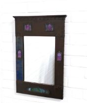 Mackintosh style copper panelled wall mirror with stylised coloured glass panels 41 x 60cm.
