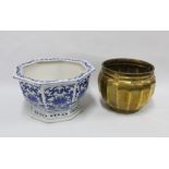 Chinese hexagonal blue and white planter, 39cm, and a lobed brass planter (2)