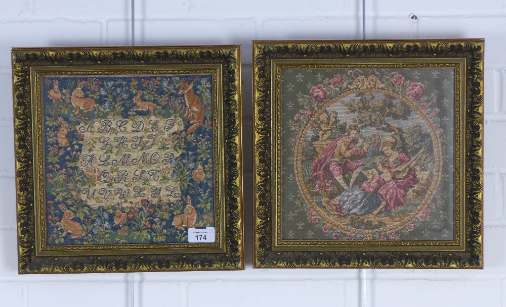 Two modern tapestries, under glass within moulded gilt frames, size overall 32 x 32cm (2)