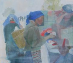 BRENDA LENAGHAN DA RSW (SCOTTISH 1941 - 2020) BUYING WOOL - TIBET, gouache, signed lower left and