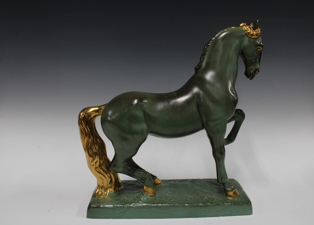 Green and gilt glazed horse on a rectangular plinth base, (small glaze nick to tip of one ear) 42 - Image 2 of 2