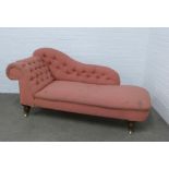 Victorian buttonback upholstered chaise / daybed, on mahogany legs terminating on ceramic castors,