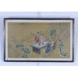 Chinese watercolour on fabric depicting scholarly figures, framed under glass size overall 60 x 38cm