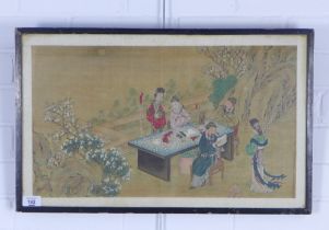 Chinese watercolour on fabric depicting scholarly figures, framed under glass size overall 60 x 38cm