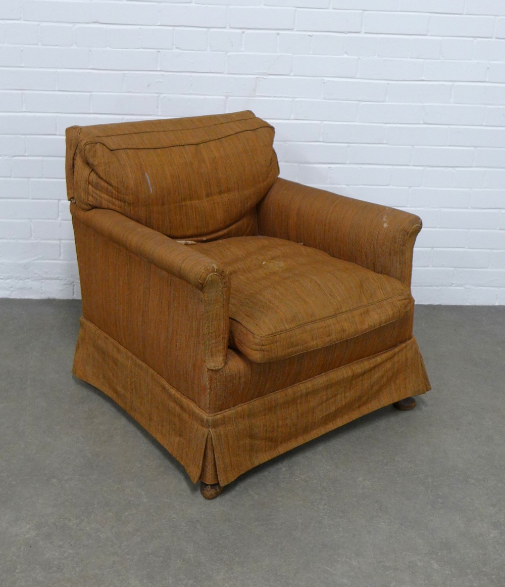 Country house upholstered armchair, (A/F) 74 x 74 x 60cm.