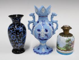 19th century scent bottle, likely French (a/f) together with a dark blue glass vase and a pale