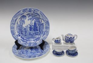 Two Staffordshire blue and white transfer printed plates, 26cm diameter, and a miniature willow
