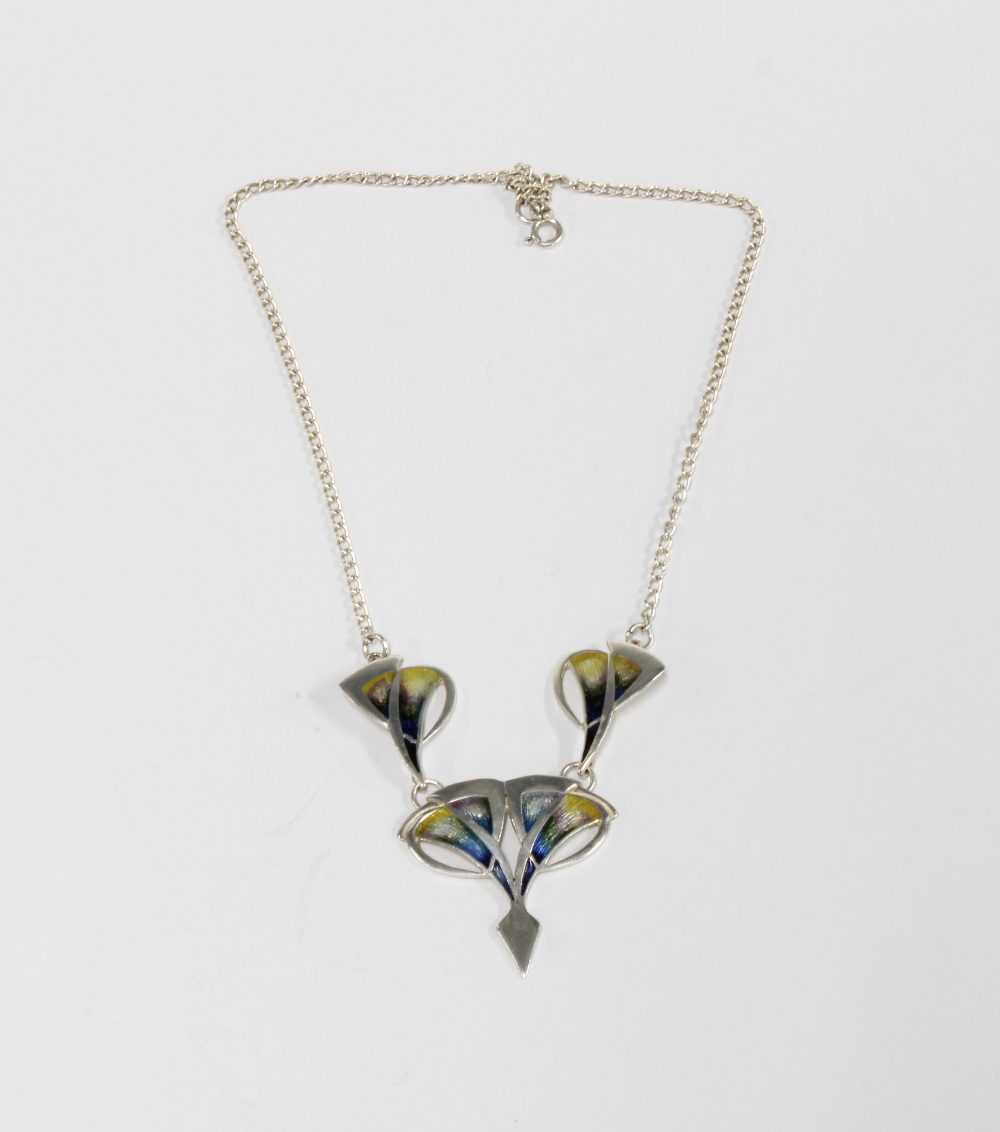 PAT CHENEY, Art Nouveau style silver and enamel pendant necklace, with original box