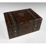 Victorian inlaid burrwood writing box, hinged lid with internal mirror, lift out trays and fold