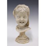 Head of a child modelled in plaster on a socle base, 19 x 35cm