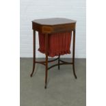Edwardian mahogany sewing table with inlaid stringing, fabric work bag, 50 x 74 x 39cm.
