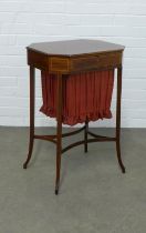 Edwardian mahogany sewing table with inlaid stringing, fabric work bag, 50 x 74 x 39cm.