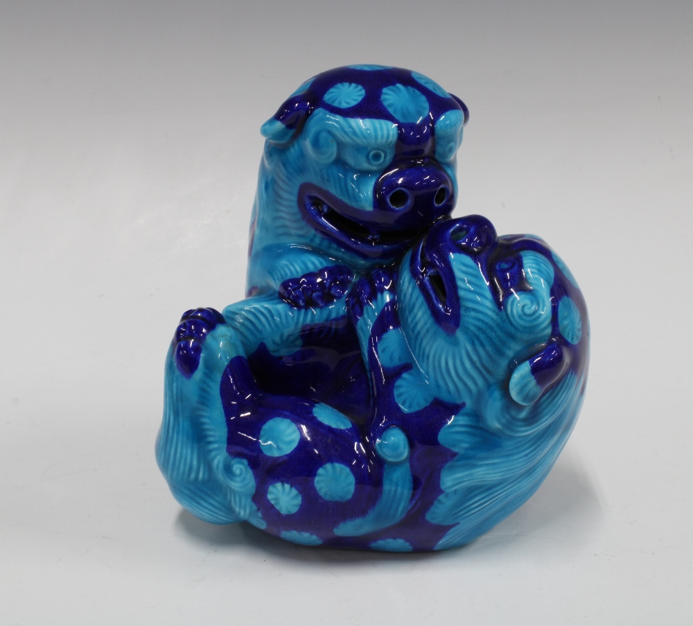 Mintons Aesthetic pottery Dogs of Fo figure group with blue and turquoise glaze, impressed marks and