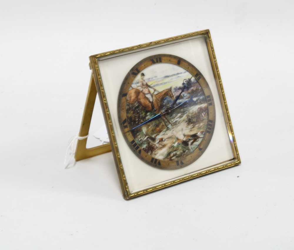 Early 20th century Hunting Scene, painted ivorine clock, in a gilt metal case, Swiss 8days, the - Image 2 of 2