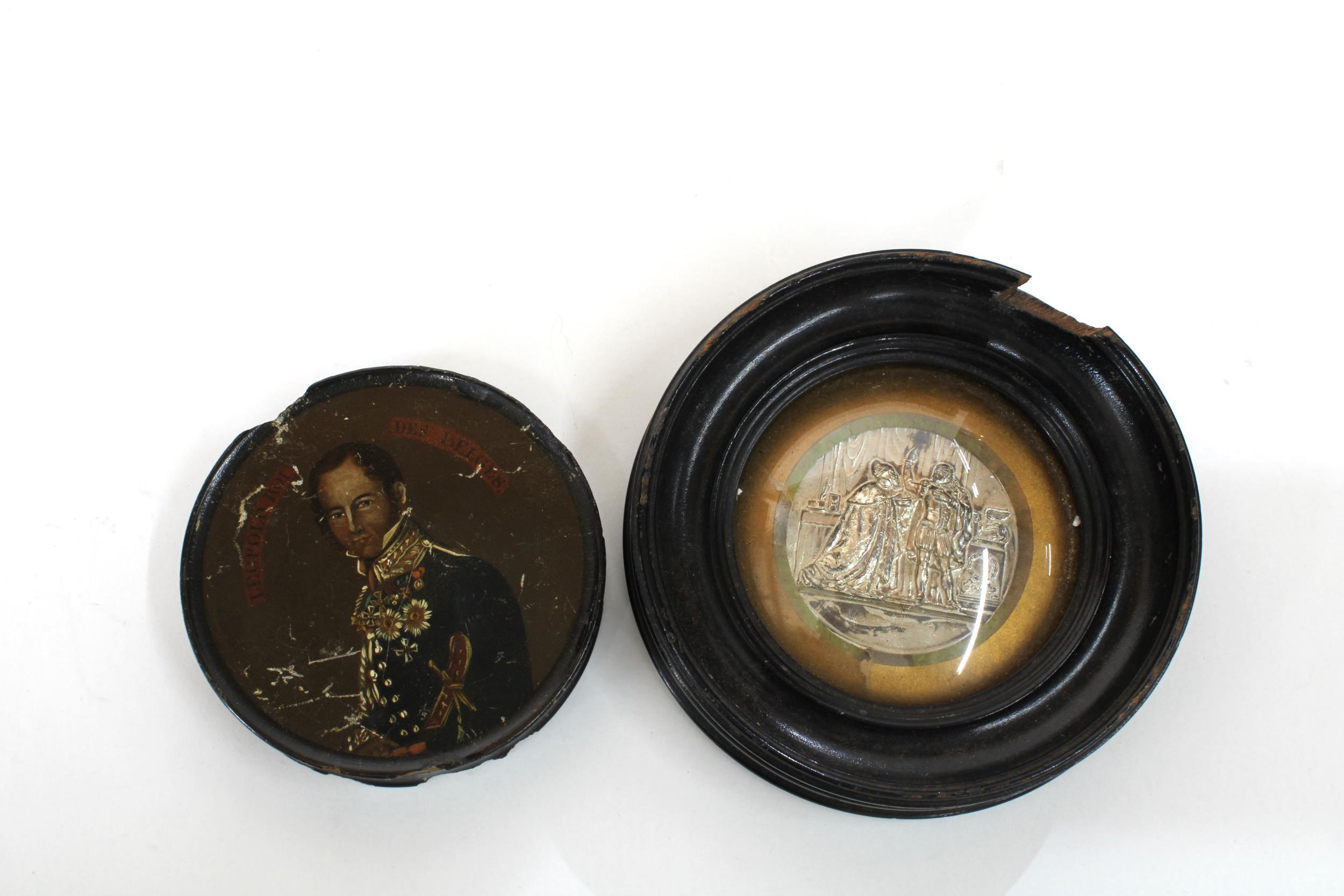 Circular lacquered box depicting King Leopold, together with a silvered glass classical scene - Image 2 of 2