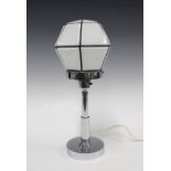 Art Deco chrome table lamp with an hexagonal white and black glass shade, 38cm including shade