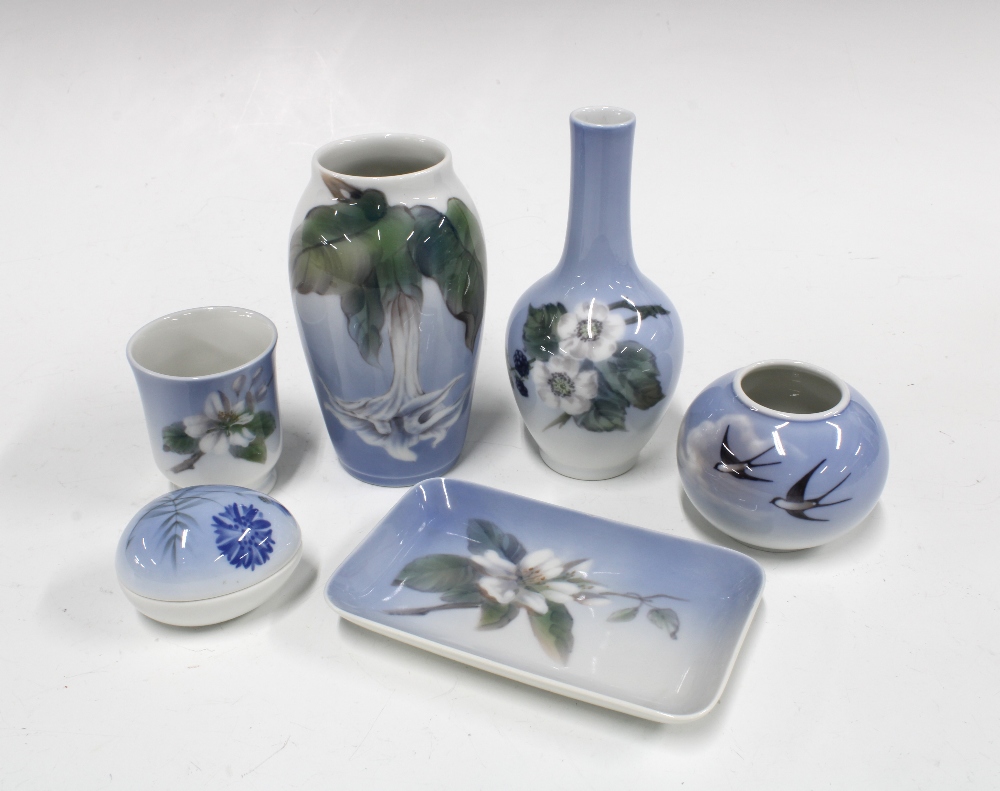 Royal Copenhagen porcelains to include miniature vases, a rectangular dish and an egg shaped box and