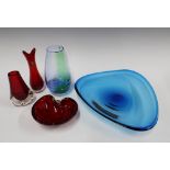 Art Glass to include a Whitefriars red glass vase, a blue and green vase, two bowls and a Murano