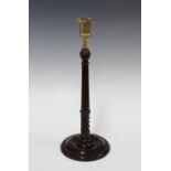 Mahogany column candlestick with brass sconce, 36cm