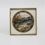 Early 20th century Hunting Scene, painted ivorine clock, in a gilt metal case, Swiss 8days, the