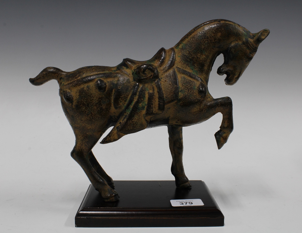 Modern Tang style metal horse on wooden plinth base, 29 x 23cm