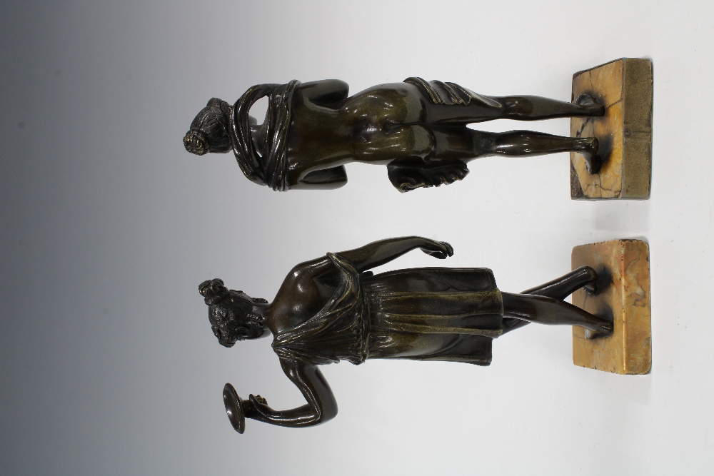 Two bronze figures, emblematic of the seasons, on square hardstone bases, 10 x 23cm (2) - Image 2 of 2