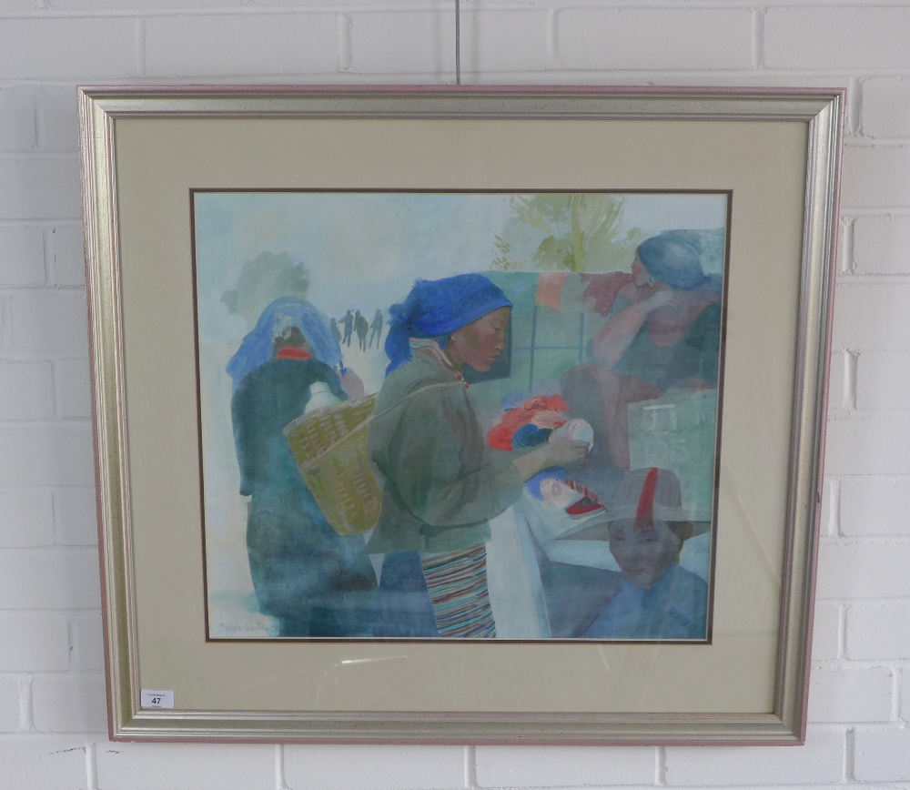 BRENDA LENAGHAN DA RSW (SCOTTISH 1941 - 2020) BUYING WOOL - TIBET, gouache, signed lower left and - Image 2 of 5