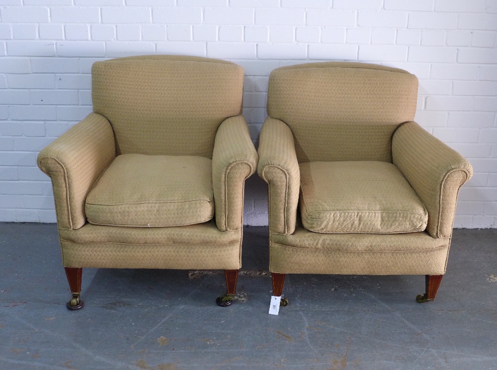 Pair of upholstered armchairs on mahogany legs with brass castors, armchairs, 82 x 83 x 50cm. (2) - Image 3 of 4