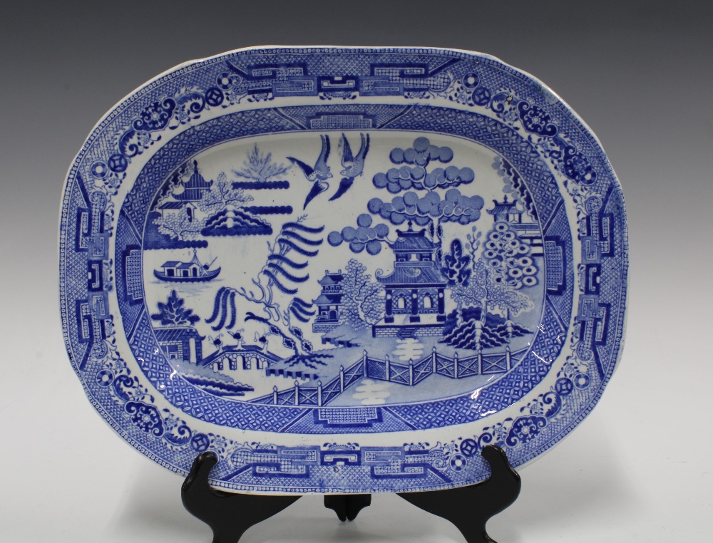 Staffordshire blue and white transfer printed Willow pattern ashet, Waterloo trademark to base, 37cm