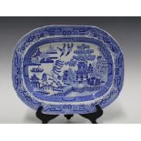 Staffordshire blue and white transfer printed Willow pattern ashet, Waterloo trademark to base, 37cm