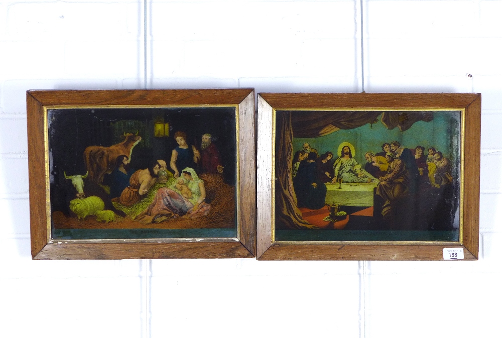 THE NATIVITY & THE LORD'S SUPPER, 19th century reverse prints on glass, size overall 41 x 31cm (2) - Image 2 of 2