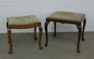 Two mahogany piano / dressing stools on cabriole legs, 57 x 50 x 50cm. (2)