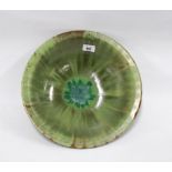 Studio pottery bowl with green streaked glaze, 36cm diameter