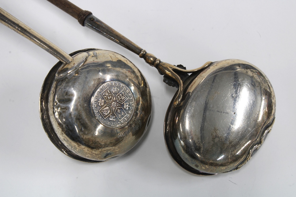Georgian silver toddy ladle, Glasgow 1829, with fruitwood handle, 46cm long together with another - Image 2 of 3
