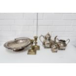 Silver plated tea set and dish, together with a pair of brass and copper candlesticks (6)