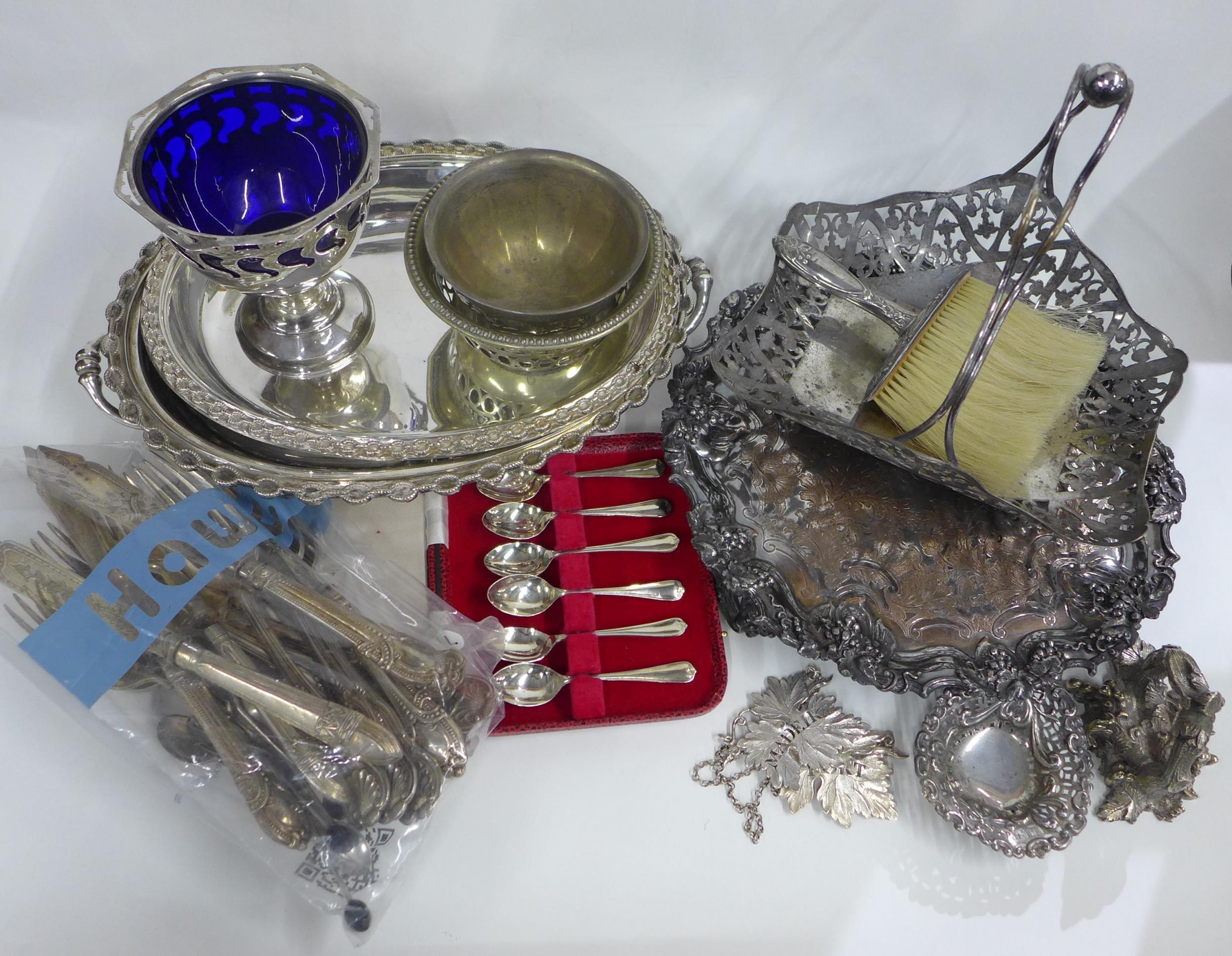 Box containing a quantity of silver plated items to include sugar basin with blue glass liner,