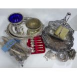 Box containing a quantity of silver plated items to include sugar basin with blue glass liner,