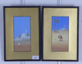 F. VARLEY, a companion pair of desert gouache, signed and framed under glass, 9.5 x 20cm