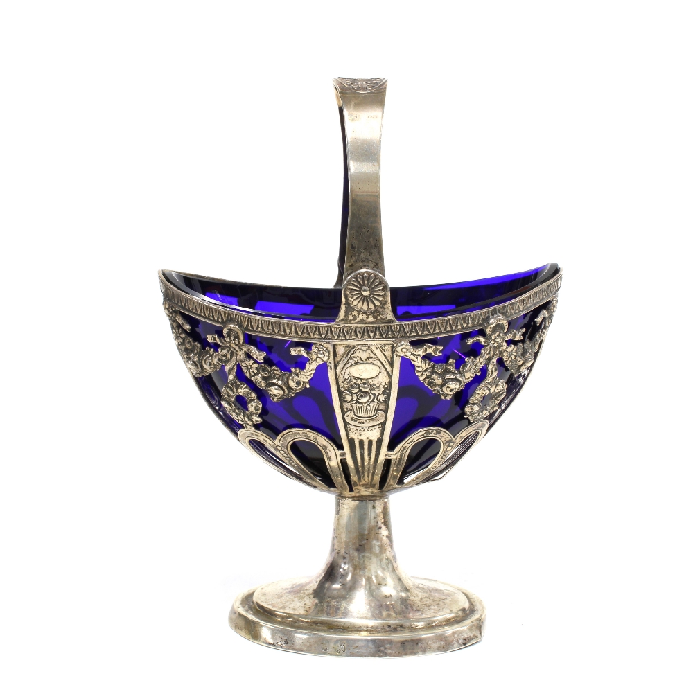18th / 19th century Continental silver swing handled basket, pierced design with shaped blue glass - Image 2 of 3