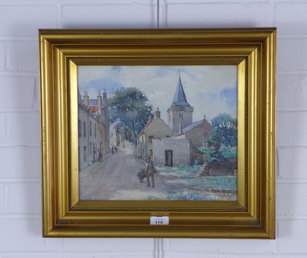 MAY M. BROWN, watercolour of Anstruther, signed, framed under glass and labelled verso 33 x 28cm - Image 2 of 3