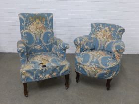 Two country house chairs to include a tub chair with floral upholstered cover and an armchair with