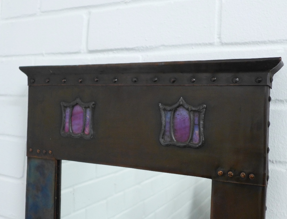 Mackintosh style copper panelled wall mirror with stylised coloured glass panels 41 x 60cm. - Image 2 of 3